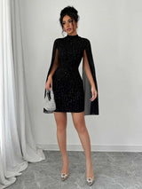 Glitter Bodycon Mini Dress with Sheer Cape Sleeves