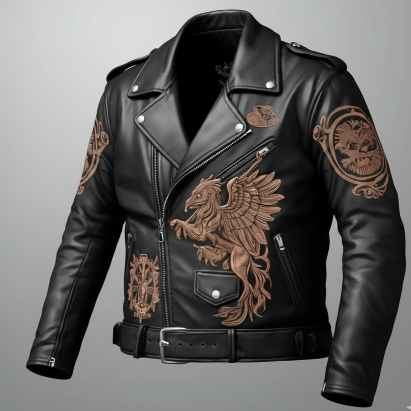 Griffin Emblem Sheepskin Biker Jacket