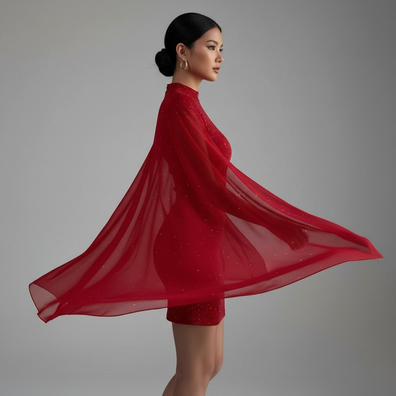 Women’s Glitter Bodycon Dress with Sheer Cape Sleeves – Elegant Party & Evening Mini Dress