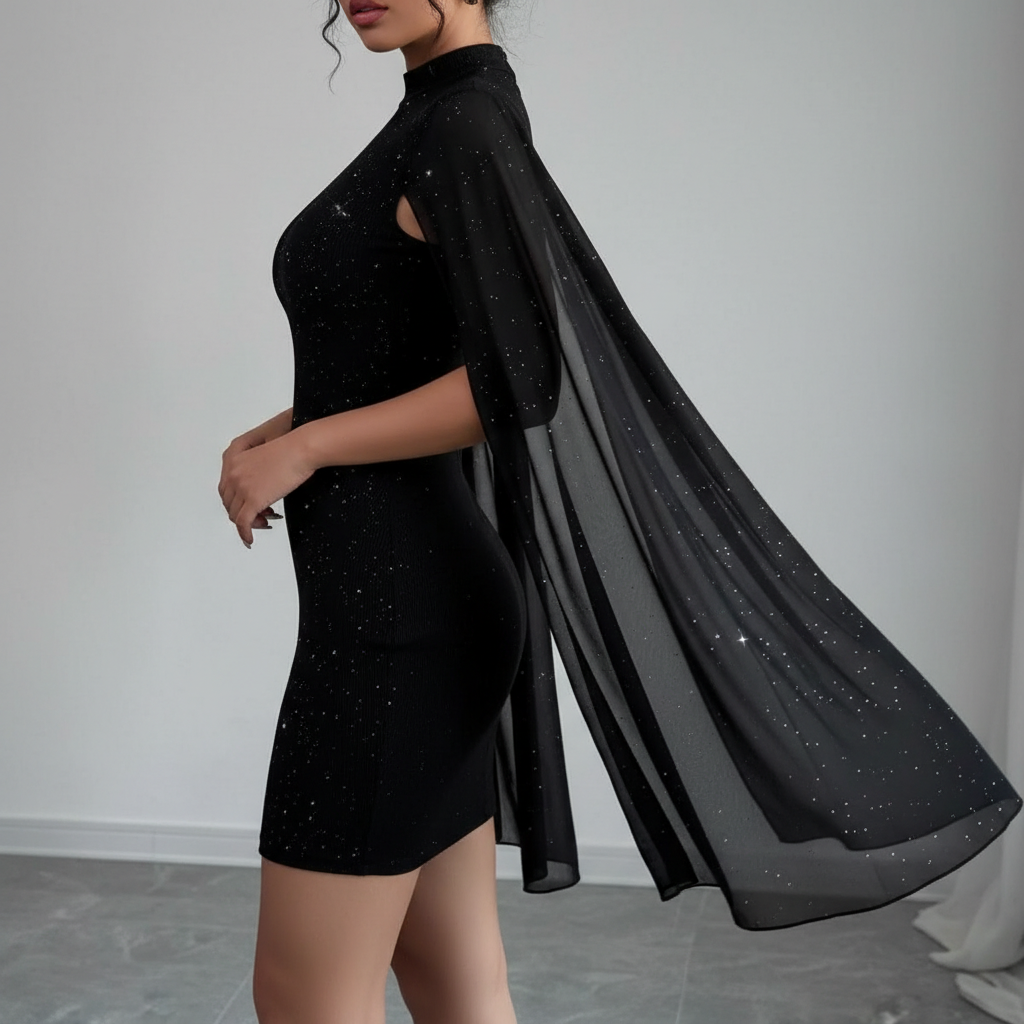 Glitter Bodycon Mini Dress with Sheer Cape Sleeves