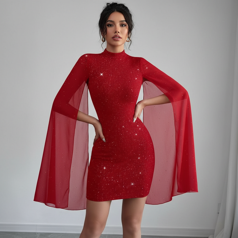 Women’s Glitter Bodycon Dress with Sheer Cape Sleeves – Elegant Party & Evening Mini Dress