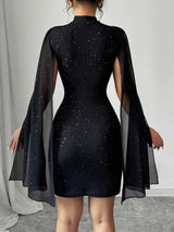 Glitter Bodycon Mini Dress with Sheer Cape Sleeves