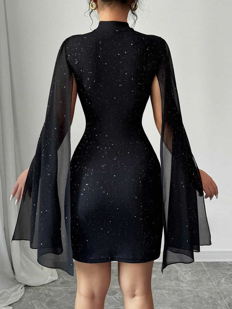 Women’s Glitter Bodycon Dress with Sheer Cape Sleeves – Elegant Party & Evening Mini Dress