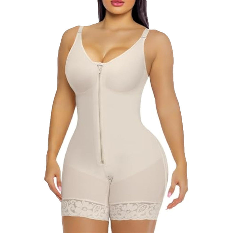 Women’s One-Piece Corset Shapewear with Chest Stitching Zipper – Seamless Nylon Support Bodysuit